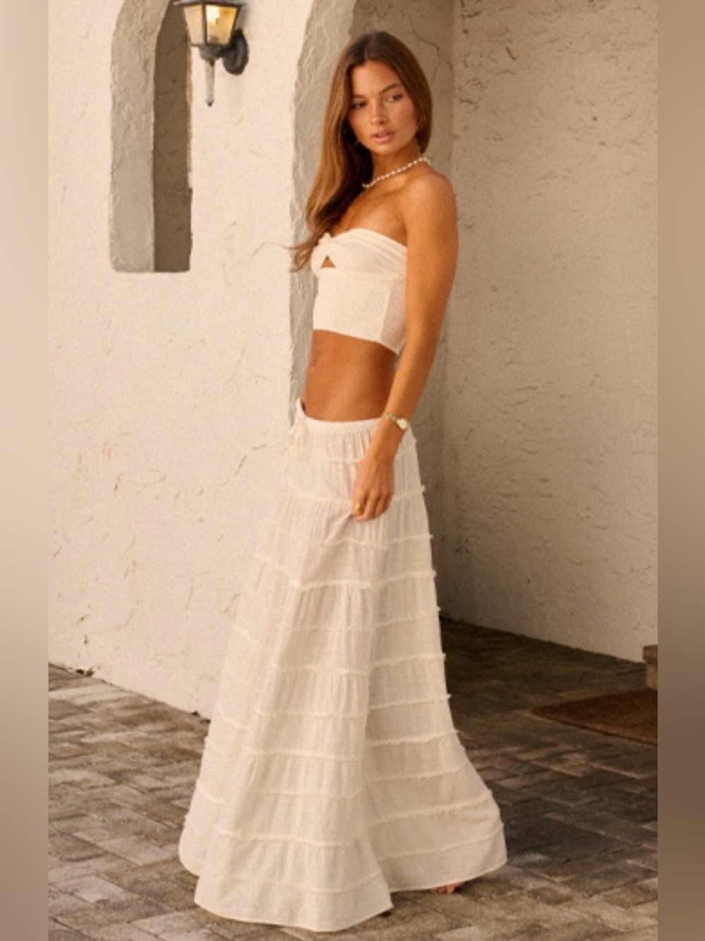 Blanco by Nature Brielle Tiered Maxi Skirt in White- Size S NWOT